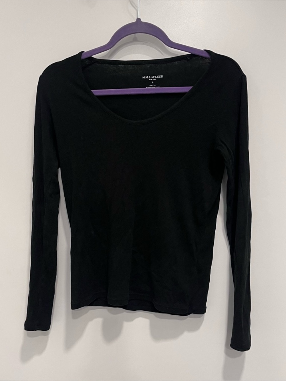 MM Lafleur Black Long Sleeve Scoop Neck The Marcia Layering Ribbed Pima Cotton S